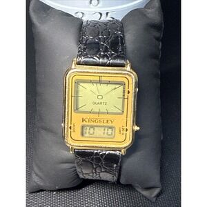 Vintage Kingsley Digital LCD Analog Watch Unisex Gold Tone Rectangle New Battery